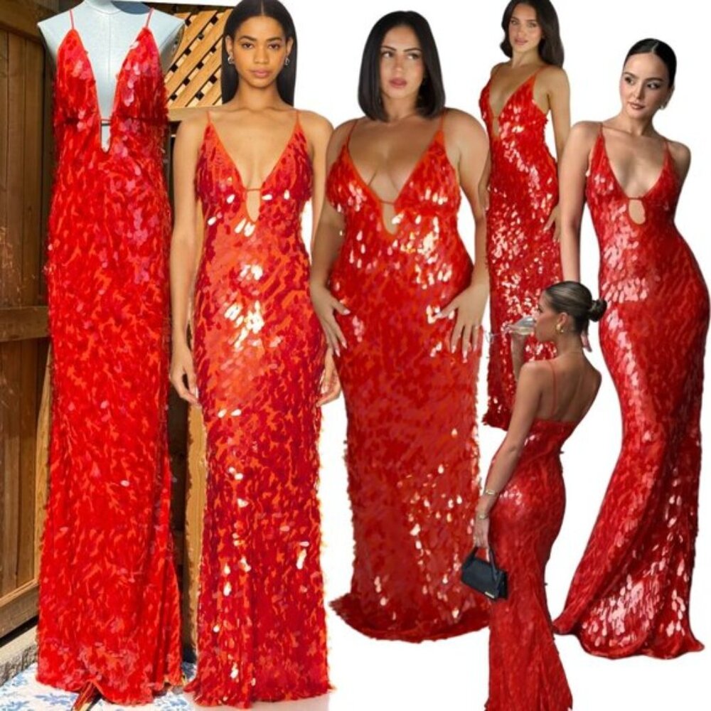 🆕 MISHA COLLECTION 🧿 NWOT Red Sapphire Sequins Maxi Dress, Sz L US 8